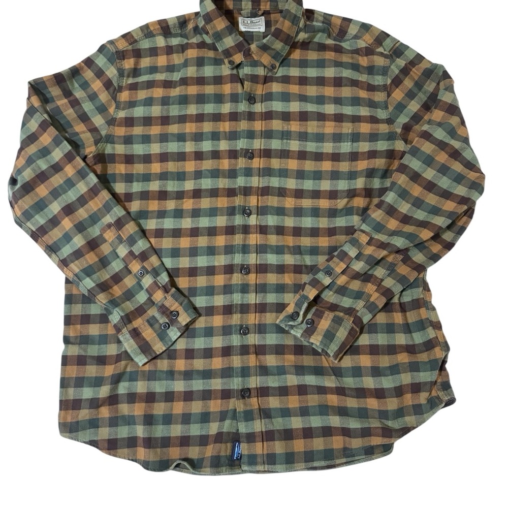 L.L. Bean Men's Green and Brown Plaid Shirt - Picture 2 of 8